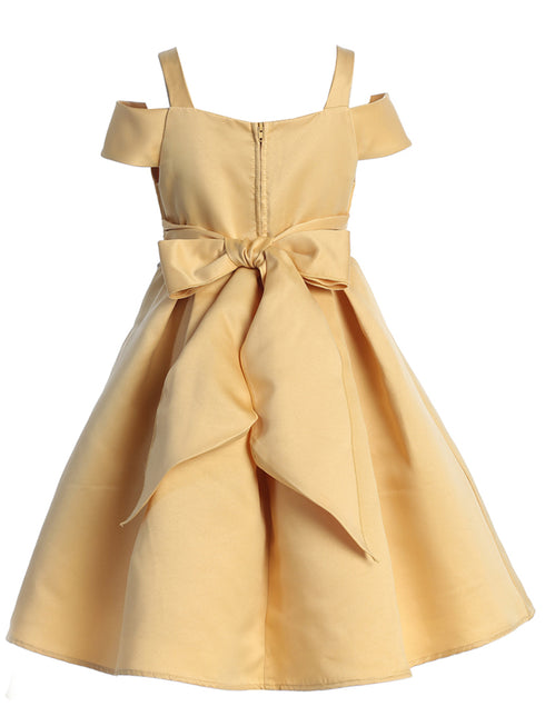 Satin Flower Girl Dress with Cold Shoulder and Pleated Skirt, Sizes 2-14 - SophiasStyle.com